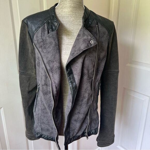 Free People Rugged Pieced Faux Leather Trim Moto Jacket Size 10 Mixed Media - Picture 2 of 7